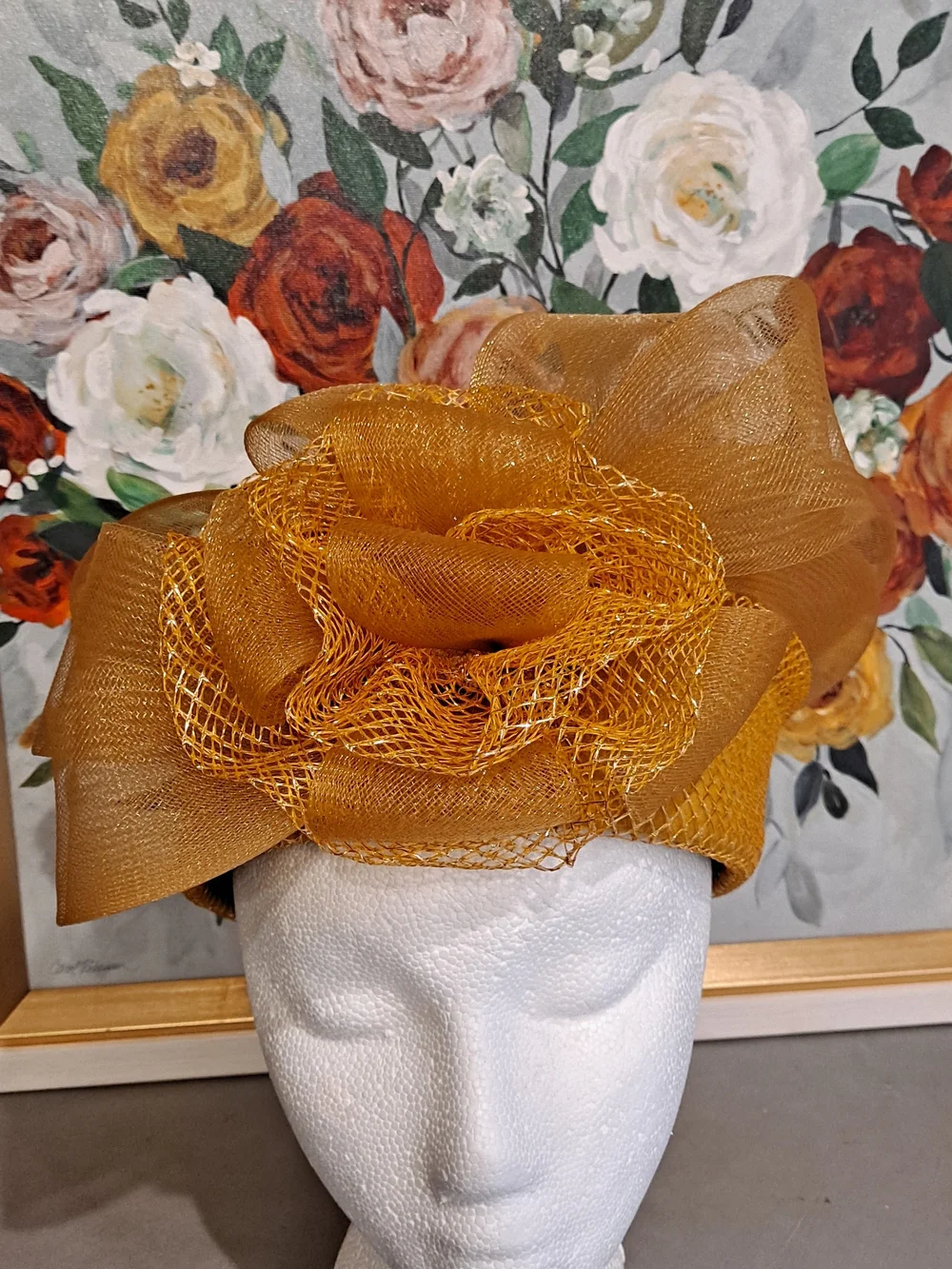 Deborah NY Vintage Wool Gold Fascinator Hat W/Bow Fishnet Mesh Derby High Tea